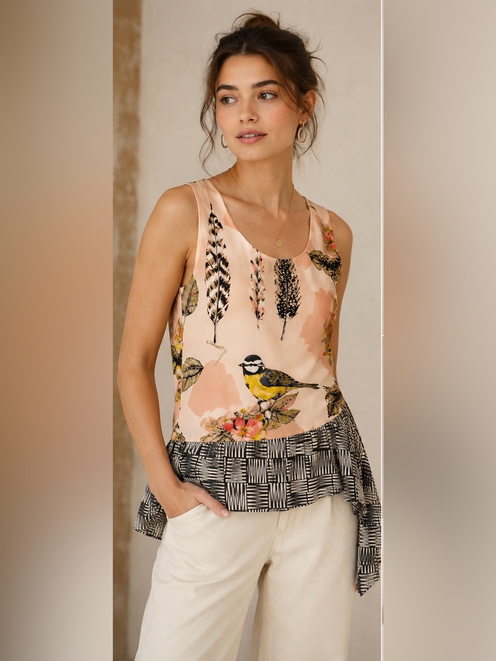 Maeve by Anthropologie 100% Silk Bird Print Asymmetrical Top – Size 2